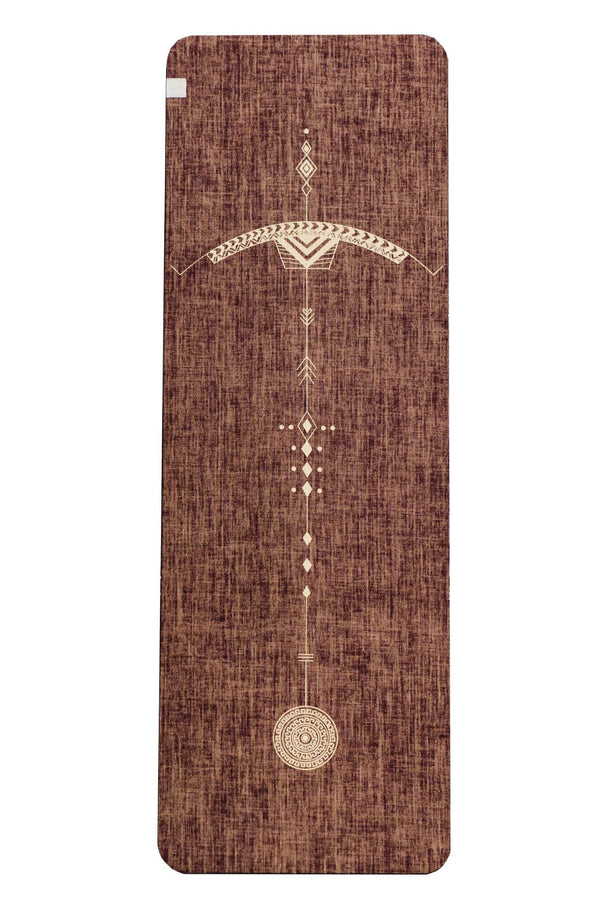 Bow and Arrow Design Printed on  Red Wine coloured PER and Organic Jute Yoga Mat. 