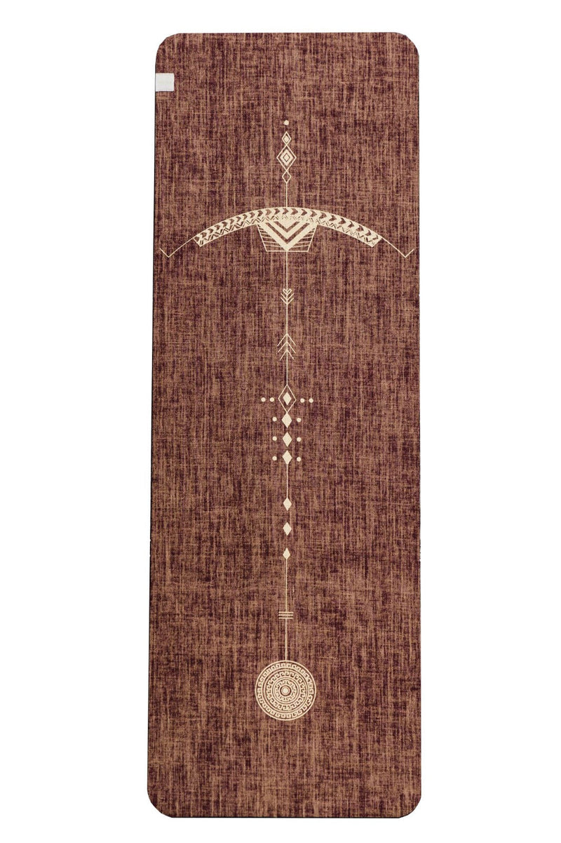 Bow and Arrow Design Printed on  Red Wine coloured PER and Organic Jute Yoga Mat. 