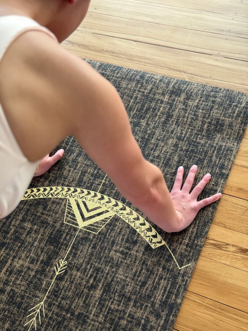 Bow and Arrow Design Printed on black coloured PER and Organic Jute Yoga Mat. 