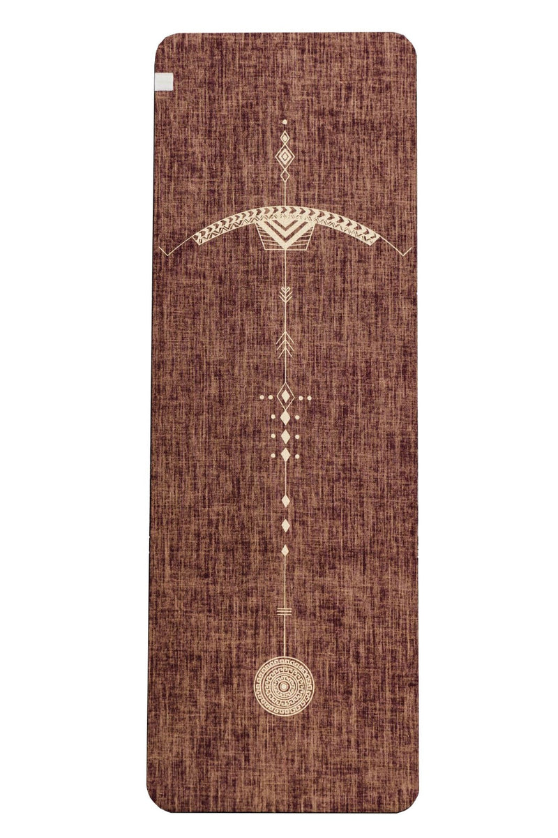 Bow and Arrow Design Printed on  Red Wine coloured PER and Organic Jute Yoga Mat. - Yoga Tribe NZ