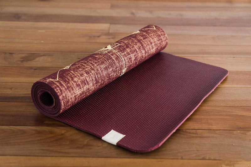 Bow and Arrow Design Printed on  Red Wine coloured PER and Organic Jute Yoga Mat. - Yoga Tribe NZ